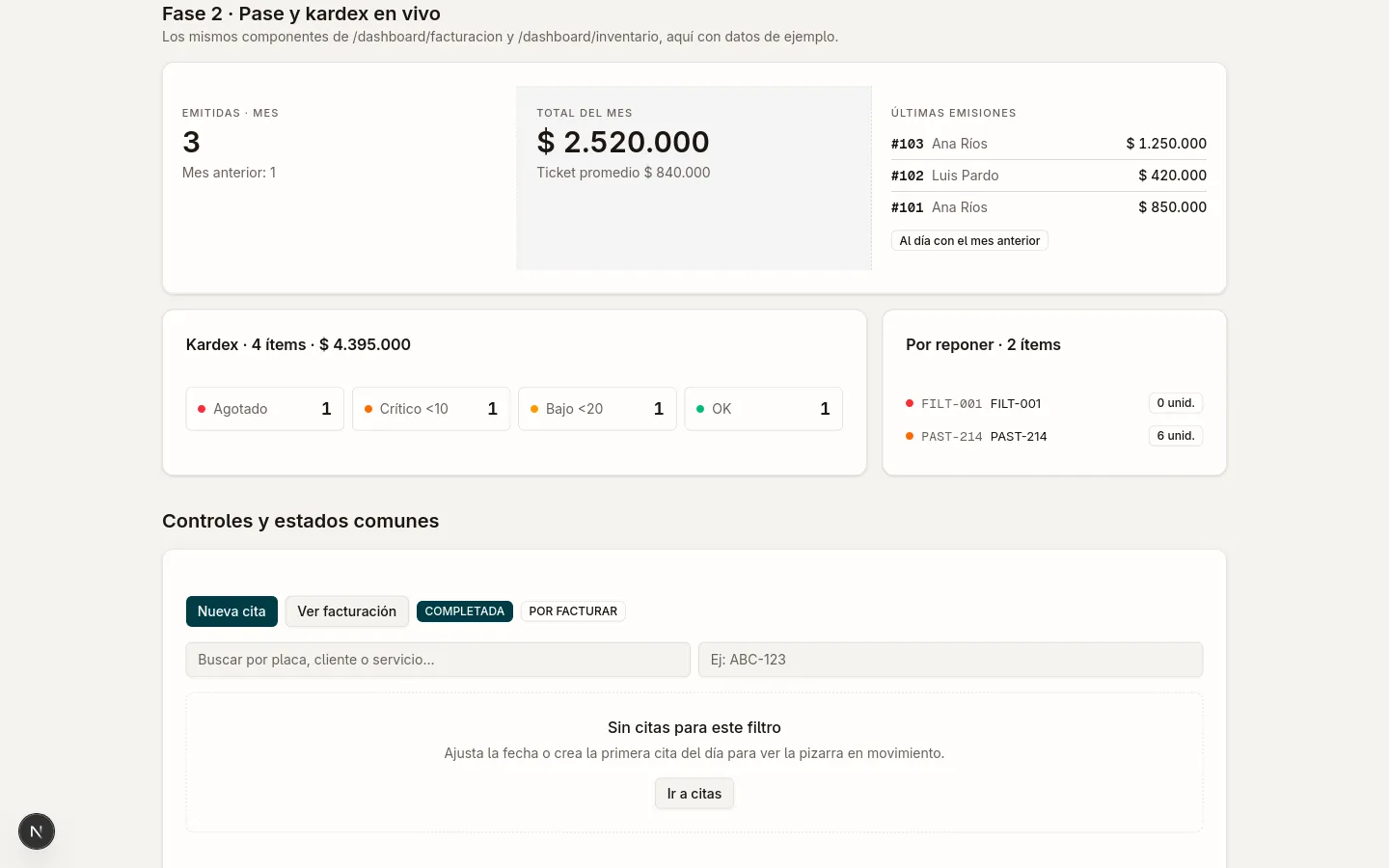 Comprobantes del mes y kardex con alertas de reposición