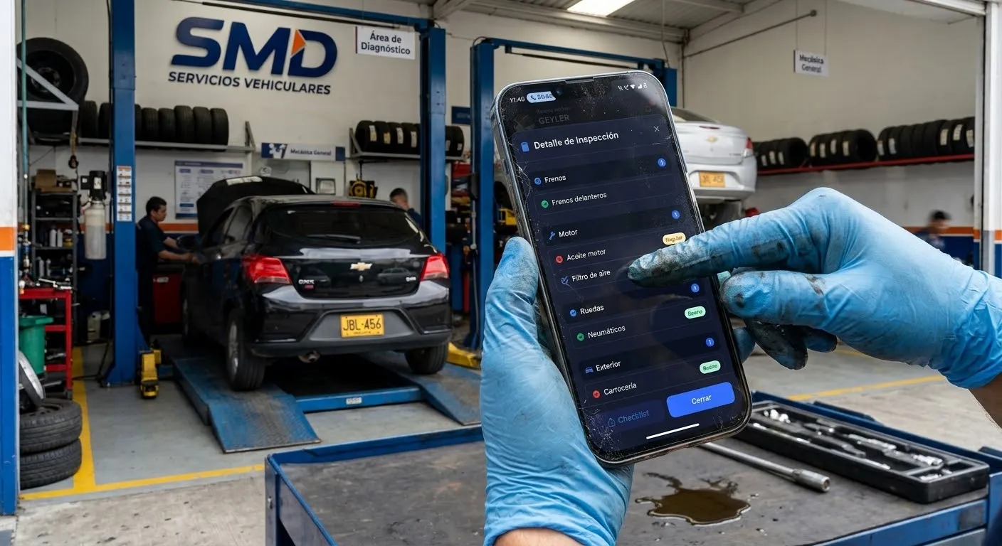 Mecánico usando la app SMD Control para revisar el detalle de inspección en pleno taller